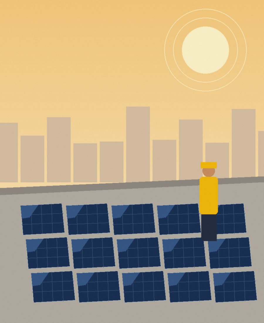 An installer checking a panel array on a flat rooftop