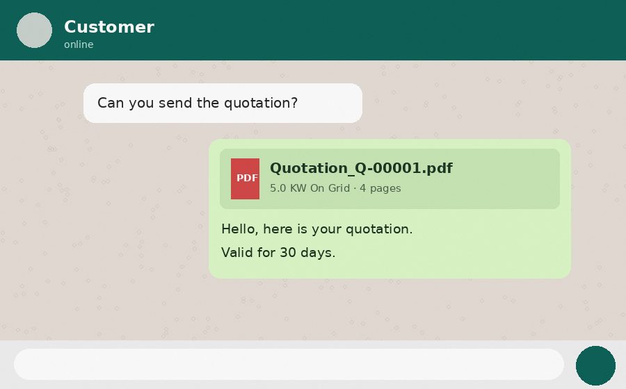 A phone showing a quotation PDF link inside a WhatsApp chat